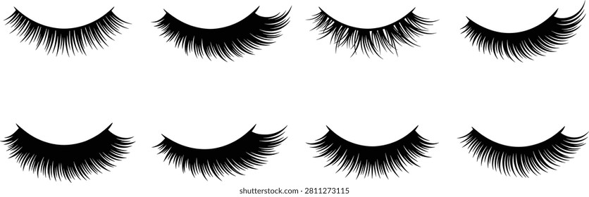 A collection of black false eyelash silhouettes in various curl and volume styles, suitable for beauty branding, cosmetic packaging, and lash extension business designs. The clean vector style icons work well for print, web, and social media graphics.