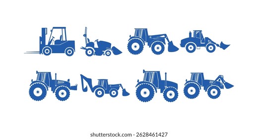A collection of black farm tractor silhouette vector icons showing agricultural machinery, farming equipment, and rural tools in isolated icon style for design and infographics