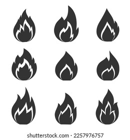 Colección de iconos de fuego negro. Ilustración del vector aislada en un fondo blanco