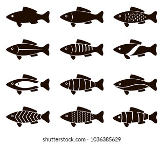 collection of black fish icon isolated