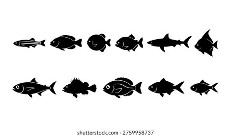 a collection of black fish silhouettes arranged in two rows on a white background, ideal for use in educational materials, presentations, or graphic design projects related to marine life, oceanography, or environmental conservation.