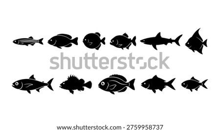 a collection of black fish silhouettes arranged in two rows on a white background, ideal for use in educational materials, presentations, or graphic design projects related to marine life, oceanography, or environmental conservation.