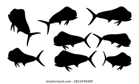Collection of black fish silhouettes showcasing different species swimming in water, highlighting aquatic life diversity and underwater ecosystems.