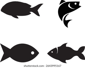 Collection of black fish silhouettes in various sizes and shapes, perfect for marine, fishing, and underwater themes.
