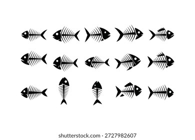 Una colección de siluetas de esqueleto de pescado negro en múltiples vistas y posiciones sobre un fondo blanco