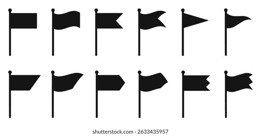 Collection of black flag icons in various styles. Vector flag silhouettes on poles, perfect for marking locations, navigation symbols, sports victory signs, and design elements.