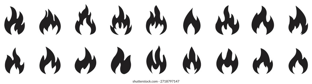 Sammlung von schwarzen Flammensymbolen einzeln auf weißem Hintergrund. Feuerflamme, Vektorsymbol-Set. Flaches Design.