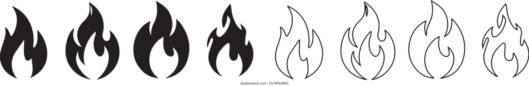 Collection of black flames in various styles, including bold solid and delicate outline designs, ideal for logos, stickers, and graphic art projects.