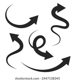 Kollektion von schwarzen, flach gebogenen, handgezeichneten Pfeilen auf weißem Hintergrund. Einfache Pfeilsymbole für Logo, App, Infografik, Benutzeroberfläche, Design, Website, App oder Präsentation. Vektorillustration