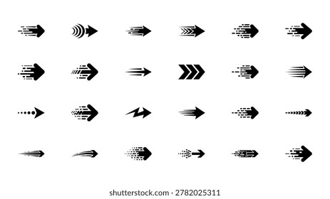 A collection of black flat design vector arrow icons depicting speed, motion, fast progress, and forward movement suitable for web and UI design.