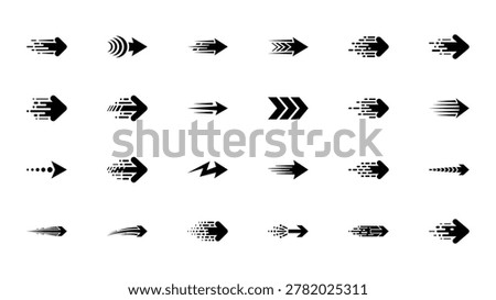 A collection of black flat design vector arrow icons depicting speed, motion, fast progress, and forward movement suitable for web and UI design.