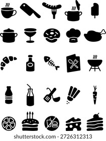 Eine Kollektion von schwarzen, flachen Speisen und Küchensymbolen in einem sauberen Silhouettenstil. Umfasst Getränke, Desserts, Obst, Gemüse, Kochutensilien, Fastfood, Backwaren und Speisesymbole. Perfekt für mobile Apps, Websites, Menüs, Restaurant-Branding, Infografiken, Verpackungen und Benutzeroberflächen-Design.