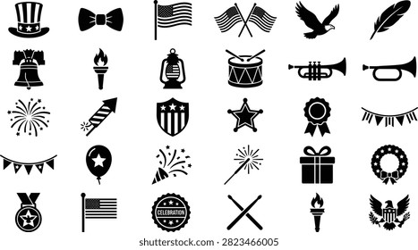 Collection of black flat icons featuring american patriotic imagery including flags eagles fireworks hats and musical instruments