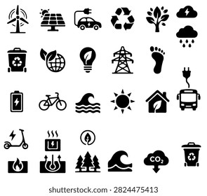 A collection of black flat icons representing various renewable energy sources, sustainability concepts, and environmental elements on a white background.