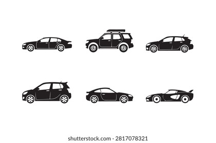 Collection of black flat silhouette car icons including sedan suv hatchback city car coupe and sports model.