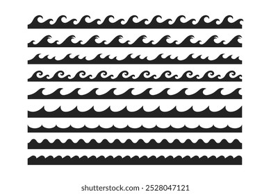 collection of black flat style sea wave icons