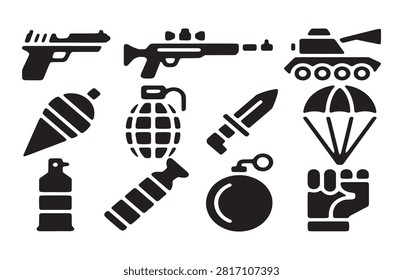 Collection of black flat war icons including handgun rifle tank grenade parachute and combat knife on white.