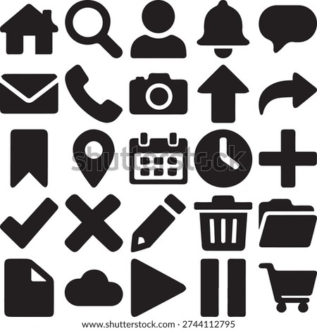 A collection of black flat-style icons on a white background, including house, search, user, bell, speech bubble, envelope, phone, camera, arrows, bookmark, location pin, calendar, clock, plus sign, checkmark, cross, pencil, trash bin, folder, document, cloud, play button, pause button, and shopping cart, arranged in a grid layout.