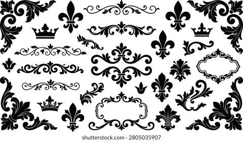 A collection of black floral scrollwork and royal fleur de lis designs presented as a distinctive silhouette, ideal for vintage or decorative projects.