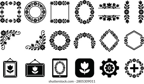 A collection of black floral silhouette frames and borders on a white background, ideal for decorative and design purposes.
