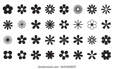 Collection of black flower icons in various styles for design and decorative elements