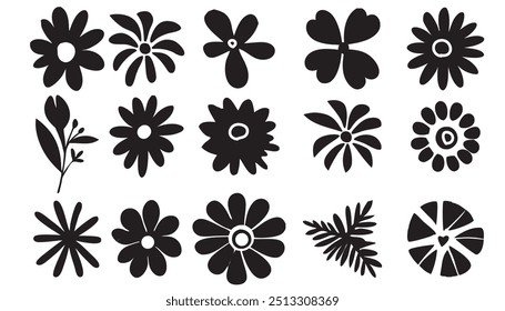 Collection of black flowers and leaves doodle icons, Hand drawn flowers.Vector symbol icon set. Eworo illustration design.