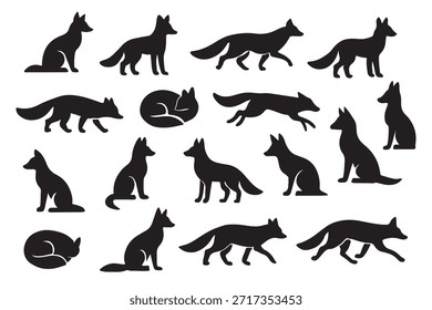 Colección de siluetas de zorro negro en varias poses, incluyendo sentarse, caminar y correr