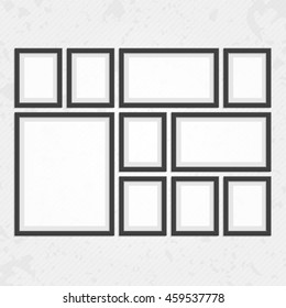 Collection of black frames. Wooden square picture frames of dark set for your web design. Abstract black picture frames on vintage background. Vector set of frames photo or text on the wall.