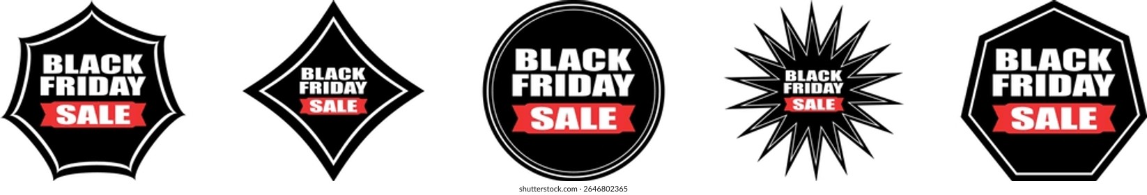 Collection of black Friday sale badges in various shapes isolated on transparent background