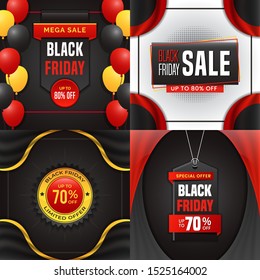 Collection of black friday sale banner with balloon and fabric background