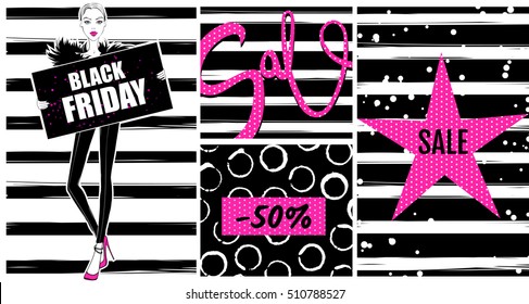 Collection with Black Friday sale banner. Set of discount card. Fashion newsletter designs poster template. Black friday  sales, discount, advertising, marketing price tag. 