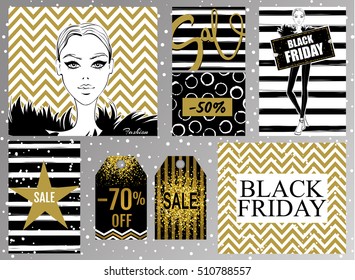 Collection with Black Friday sale banner. Set of discount card. Fashion newsletter designs poster template. Black friday  sales, discount, advertising, marketing price tag. 