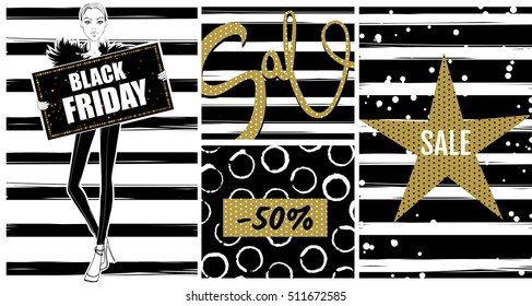 Collection with Black Friday sale banner. Set of discount card. Fashion newsletter designs poster template. Black friday sales, discount, advertising, marketing price tag. 