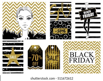 Collection with Black Friday sale banner. Set of discount card. Fashion newsletter designs poster template. Black friday sales, discount, advertising, marketing price tag. 