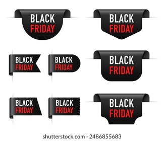 Collection Black friday sale label. Black ribbon tag banners set. Templates for promotions, special discount offers, new and large sale banners. Vector illustration