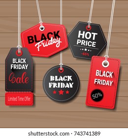 Collection Of Black Friday Tags On Wooden Textured Background Shopping Icons And Logos Set Design Flat Vector Illustration