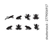Collection of Black Frog Silhouettes in Various Jumping Sitting and Climbing Poses — Flat Vector Amphibian Animal Icon Set Isolated on White Background