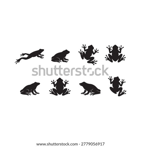 Collection of Black Frog Silhouettes in Various Jumping Sitting and Climbing Poses — Flat Vector Amphibian Animal Icon Set Isolated on White Background