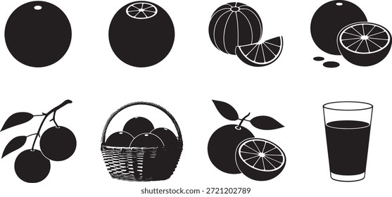 Sammlung von schwarzen Früchten und Ei-Vektorsymbolen mit Zitrusfrüchten und Orangen-Zitronenkorb
