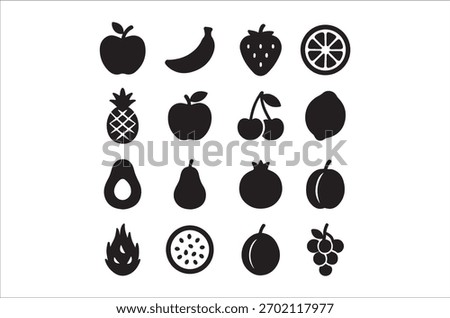A collection of black fruit silhouettes presented as simple, clean and minimalist icons.