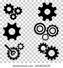 Colección de iconos de vector de engranaje negro y rueda dentada en varios tamaños. Perfecto para la industria, maquinaria, Configuraciones o ilustraciones técnicas.

