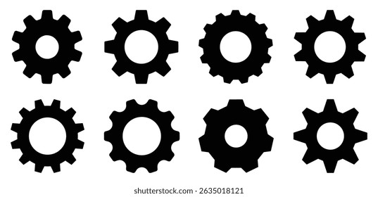 Collection of black gear silhouette vector icons. Set of mechanical cogwheels. Industrial settings symbols. Engineering tools isolated on white Background. Vector illustration.