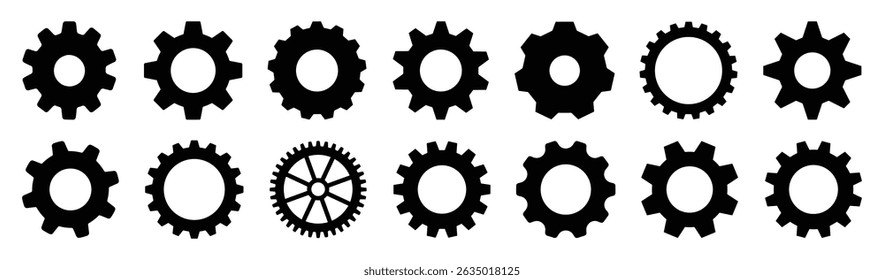 Collection of black gear silhouette vector icons. Set of mechanical cogwheels, industrial settings symbols, engineering tools isolated on white Background. Vector illustration.