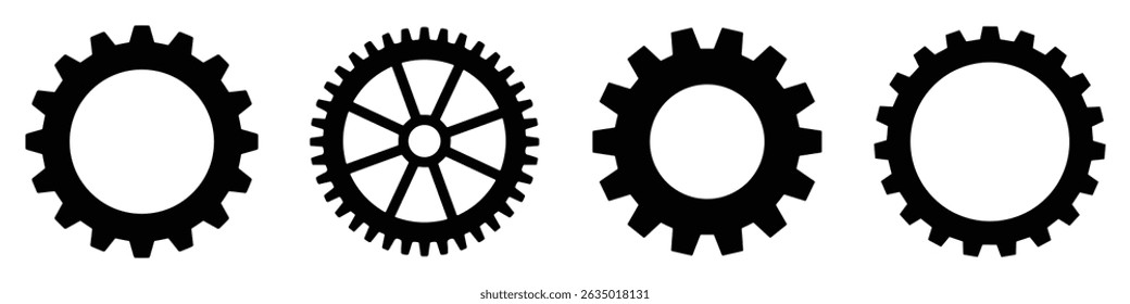 Collection of black gear silhouette vector icons. Set of mechanical cogwheels. Industrial settings symbols. Engineering tools isolated on white Background. Flat style. Vector illustration.