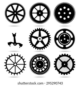 Collection of black gears and anchor on white background
