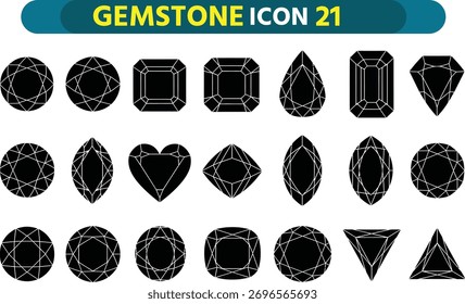 Collection of black gemstone icons featuring various cuts and shapes for jewelry design and graphics
