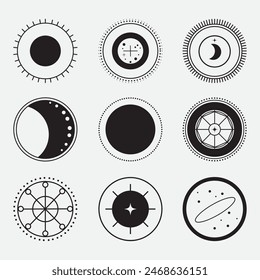 A collection of black geometric icons on a withe isolated background with the moon, and sun, perfect for enhancing mystical, celestial, and astrology-related designs.

