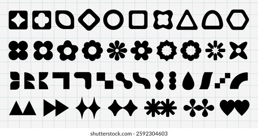 Collection of black geometric shapes, including circles, triangles, and squares. Geometric shapes on grid. Variety of geometric shapes in rows. Black shapes, vector element set.