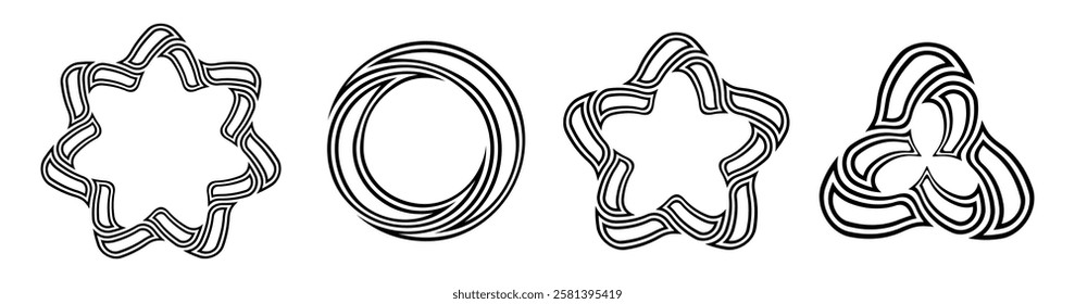 Collection of black geometric shapes isolated on white background. Abstract circular ornaments. Isolated symbols. Stencil tattoo and prints. Round vector patterns. Decorative design elements.