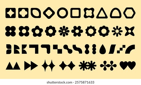 Collection of black geometric shapes on a yellow background. Includes circles, triangles, squares, and hexagons. Various geometric patterns and forms. Black shapes, vector element set.